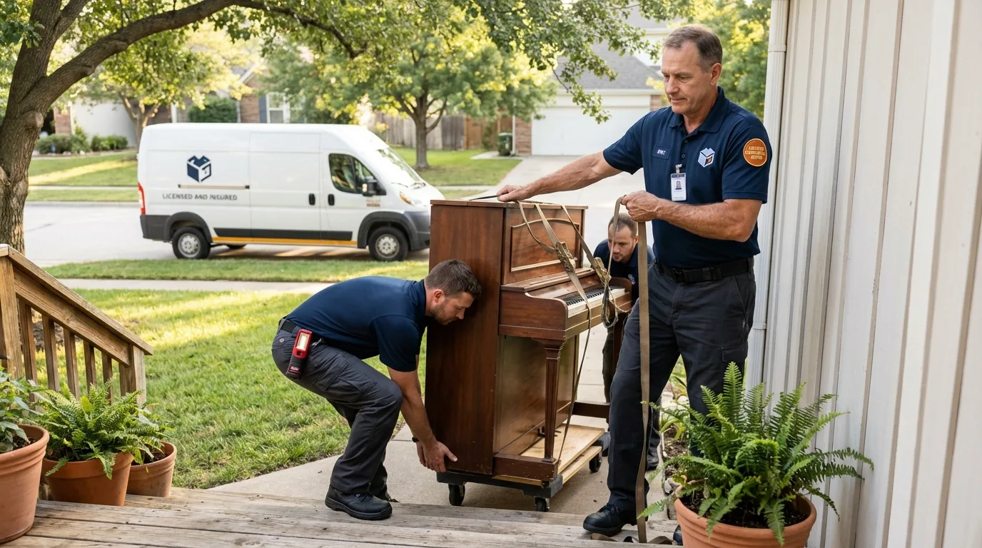 Licensed piano movers securing grand piano in East Dublin, GA