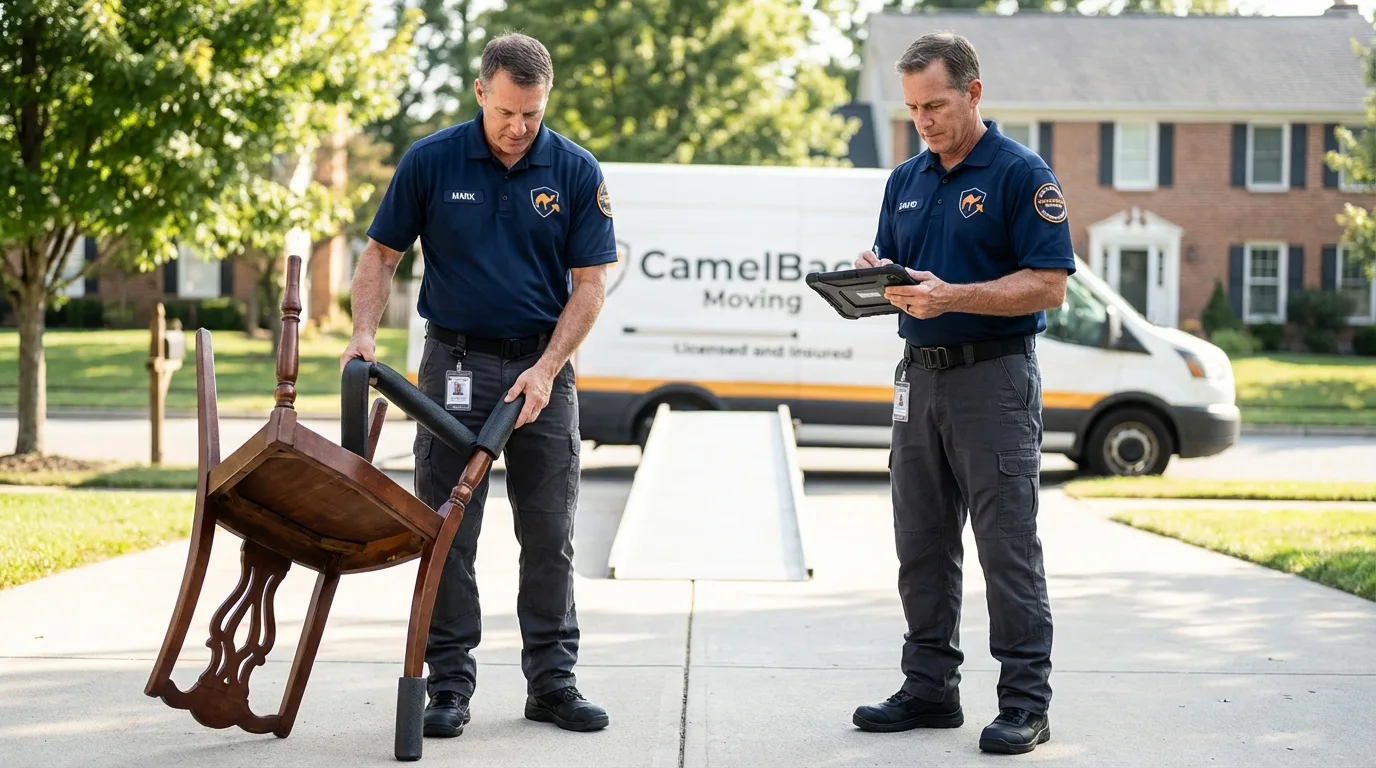 Movers inspecting furniture for damage prevention before loading in East Dublin, GA