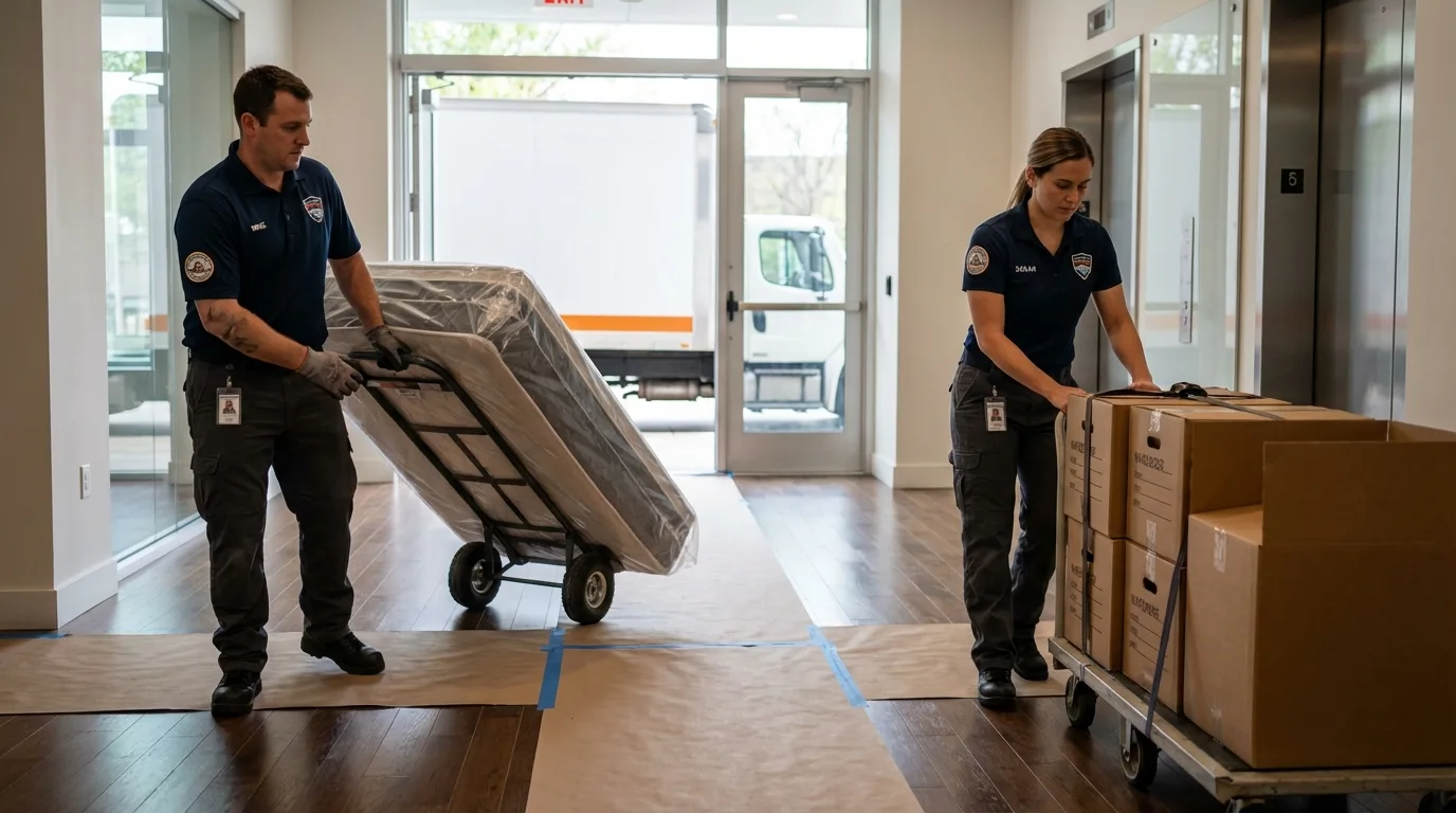 Professional apartment movers loading elevator in East Dublin, GA